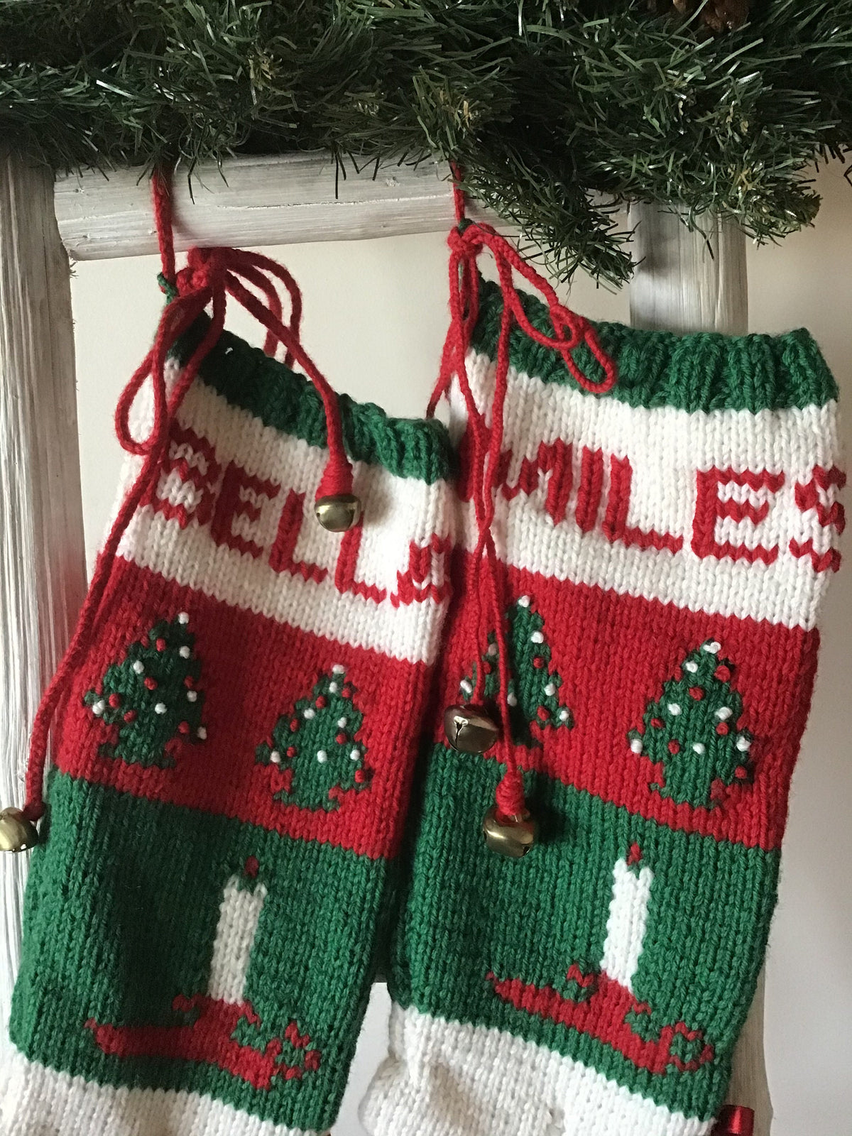 Classic Candlestick Stocking 016 PURE WOOL With Christmas Trees and Wreath