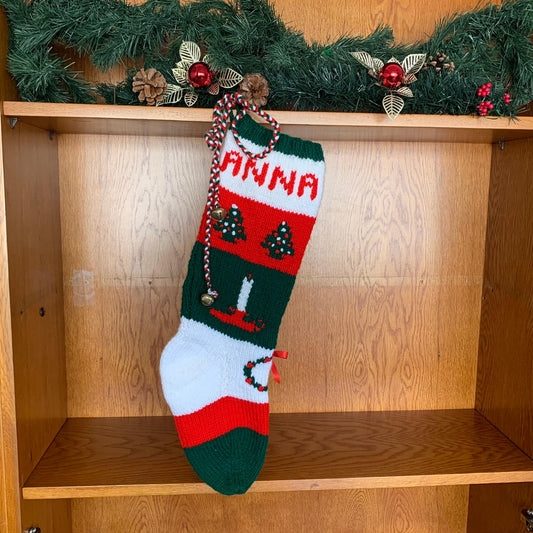 Classic Candlestick Stocking 014 Color Combo – Dark Green & Bright Red With Christmas Trees and Wreath