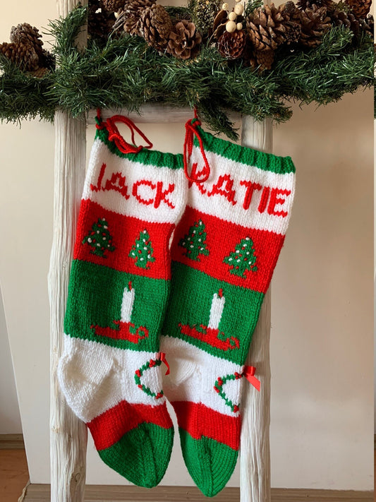 Classic Candlestick Stocking 012 Bright Festive Christmas Colors With Christmas Trees and Wreath