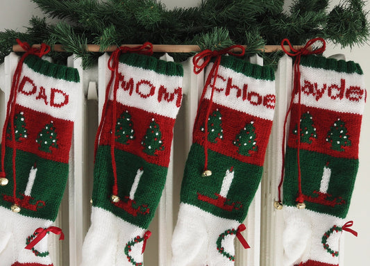 Classic Candlestick Stocking 018 Darker, Richer, Updated Colors With Christmas Trees and Wreath